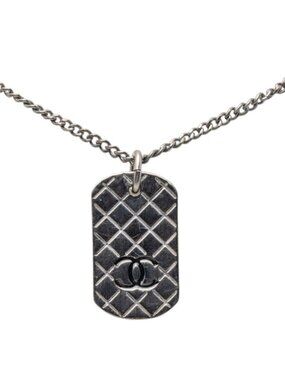 Chanel Quilted Dog Tag CC Logo Necklace Silver Metal